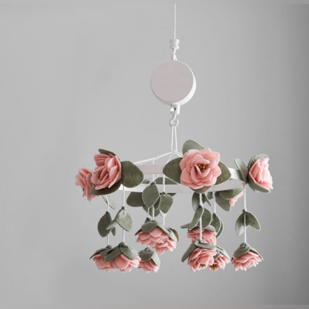 Pottery Barn Kids Felted Pink Roses Musical Baby Mobile